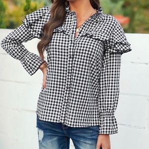 Black Plaid Button Up Ruffle Shoulder Shirt